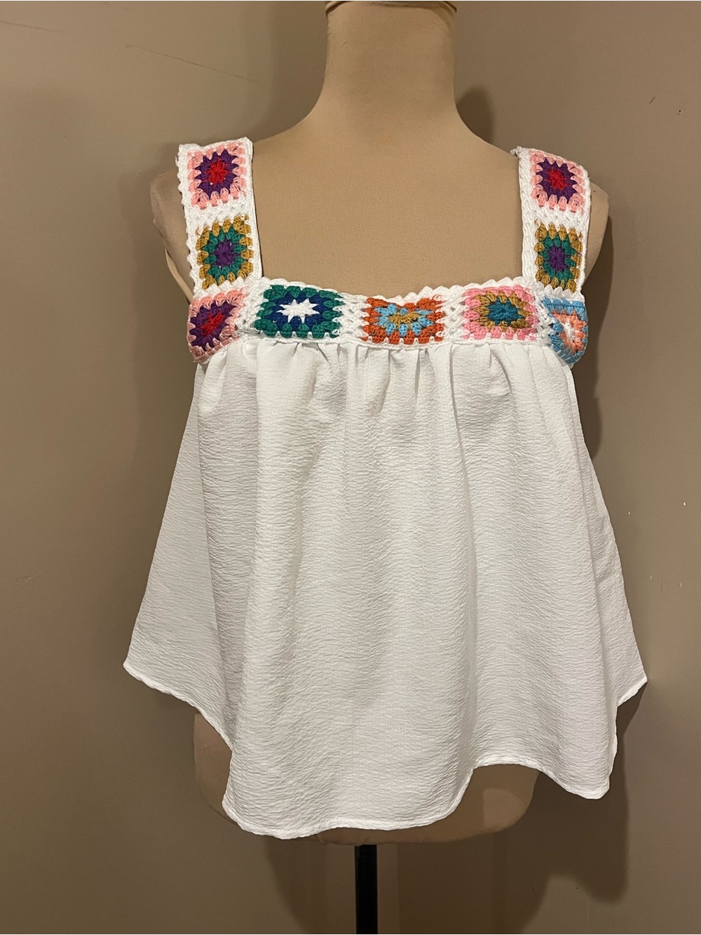 Cottagecore White Crop Tank Multicolor Crochet Granny Square Straps,  small